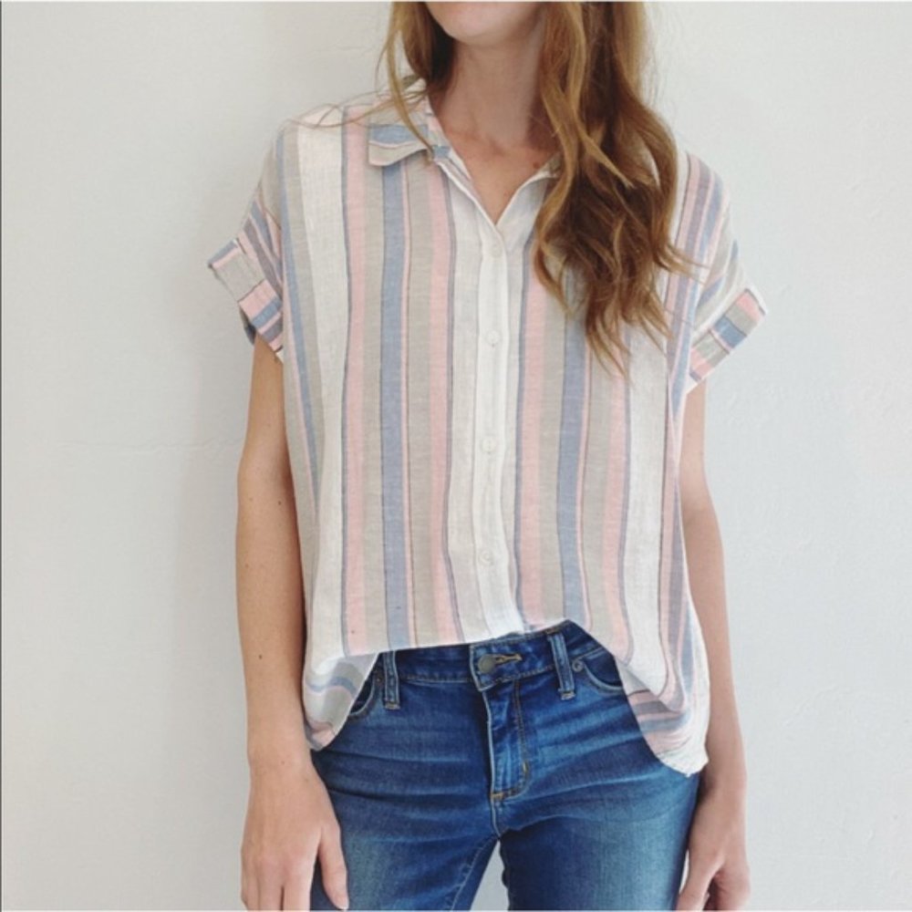 Sanctuary Boxy Linen Striped Button Down Top